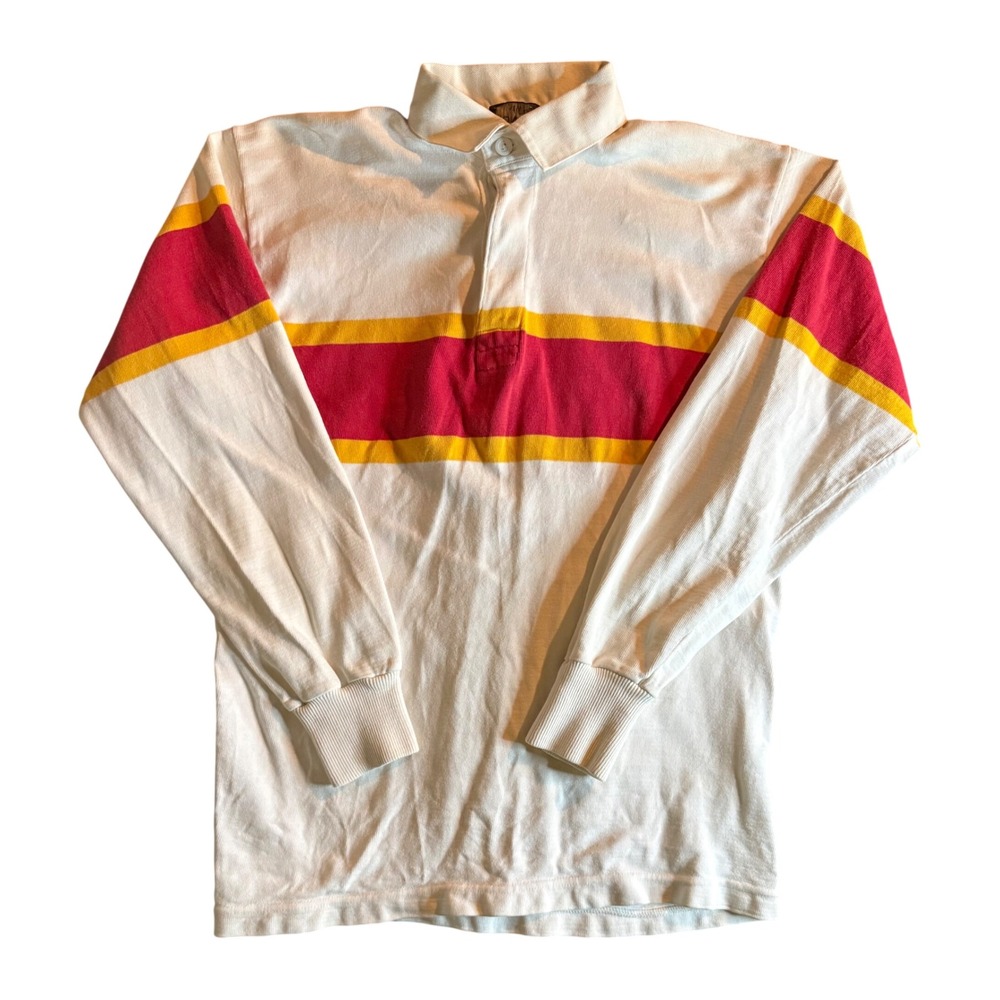 Hardin Knitwear Rugby Shirt Mens L White Red Yellow Striped Long Sleeve Vintage